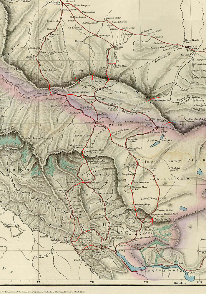 карта караванных троп через Каракорум, из Леха в Яркенд