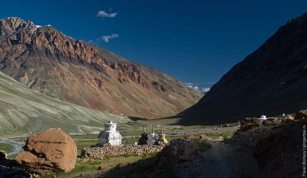 Тибетские ступы и зеленые поля в долине реки Каргьяк-Чу, Занскар