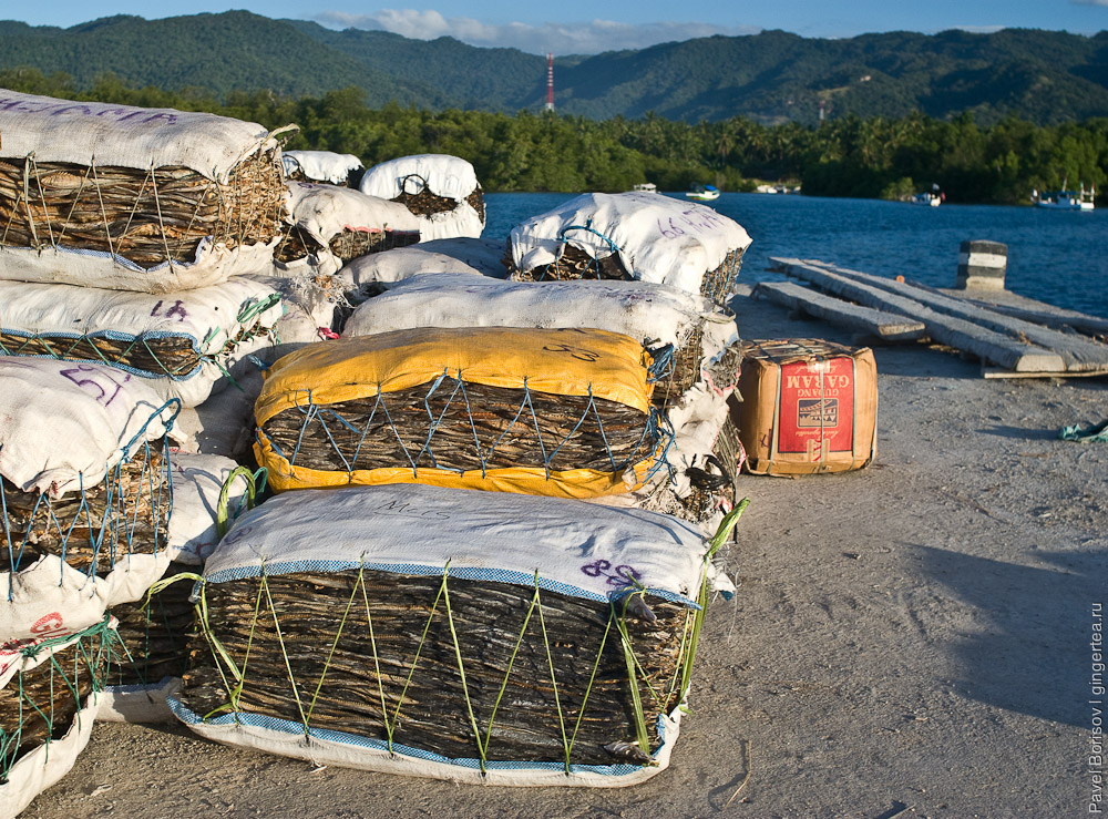 Мешки сушеной рыбы ждут погрузки на корабль на Сулавеси, sacks of dry fish wait a ship heading Sulawesi