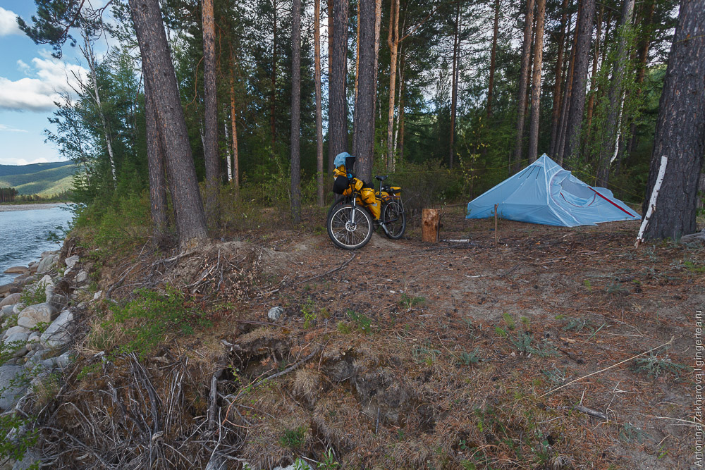 палатка и велосипеды на берегу реки Иркут