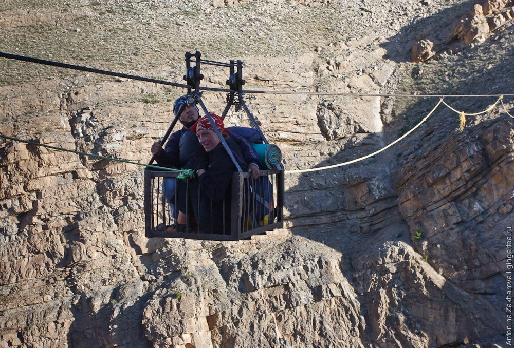 подвесная переправа через пропасть с велосипедом в долине Спити, ropeway in Spiti with bicycle