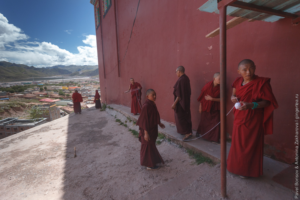 монахи в тибетском монастыре